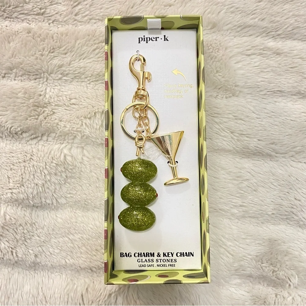 Gold and Green Martini and Glass Stones Olives Keychain Purse Charm